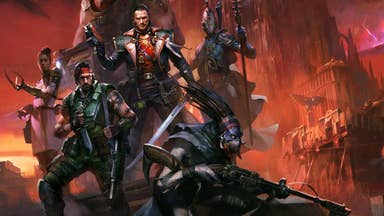 Warhammer 40K: Dark Heresy artwork showing characters posing heroically against a backdrop of cliffs, castles, and a burning red sky.