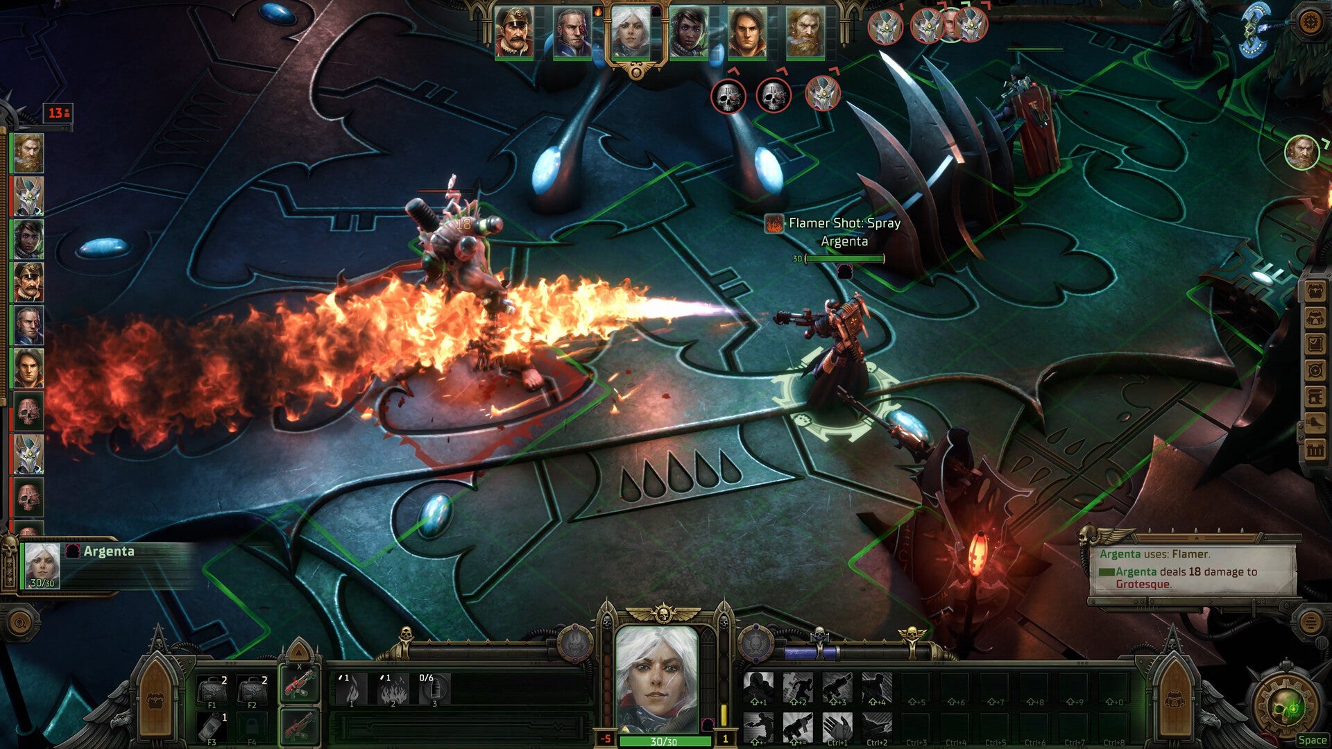 A screenshot from Warhammer 40,000 Rogue Trader, showing an isometric, tactical RPG view of a Space Marine flame-throwering an enemy.