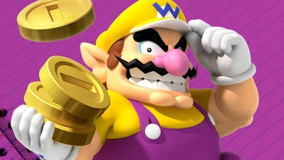 Wario sneers toward the viewer, tipping his cap and holding a large stack of coins