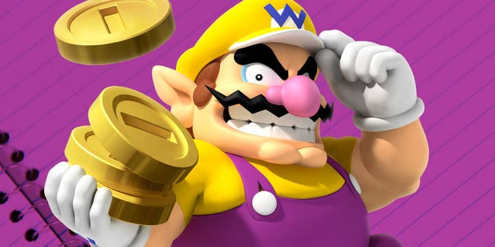 Wario sneers toward the viewer, tipping his cap and holding a large stack of coins