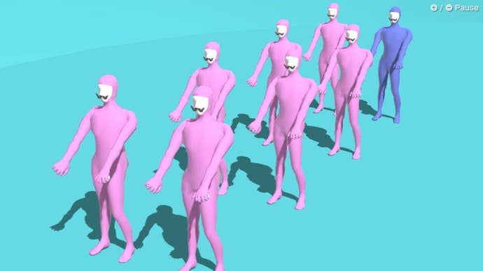 WarioWare: Move It! screenshot showing eight strange Wario mannequins in pink against a bright blue background, with one Wario in a shade of lavendar instead.