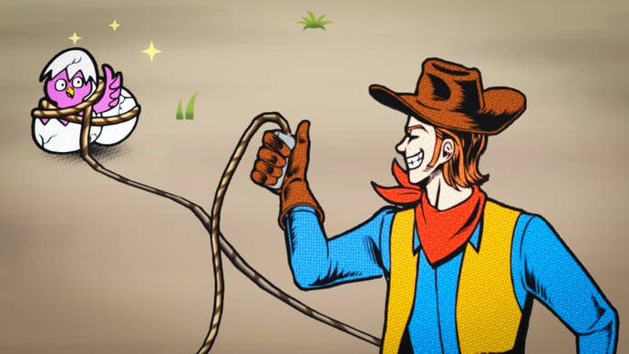 A cowboy character lassos a pink chick in an egg. The cowboy looks sinisterly happy. It’s WarioWare. I have no idea what’s going on.