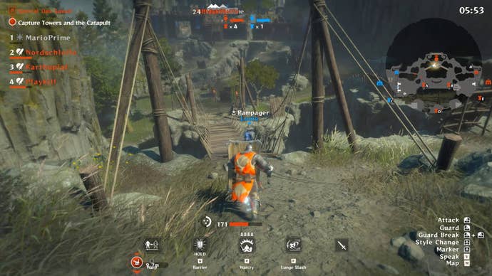 A warrior runs over a wooden bridge in Warlander