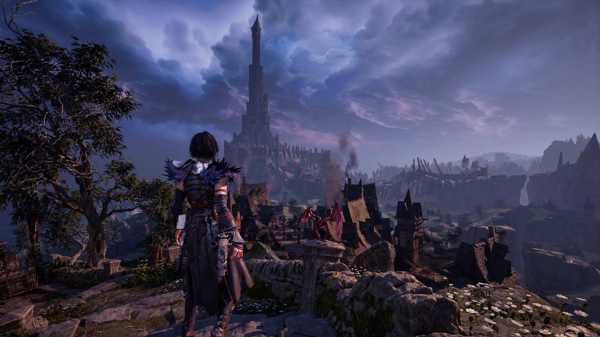 A dark-haired warlock lady standing on a craggy highground looking at a big tower against a cloudy sky.