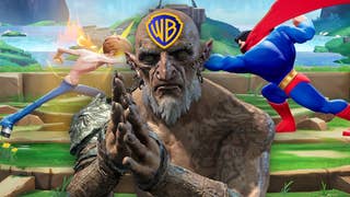 An image of the hand-rubbing microtransactions orc from Shadow of War, with WB logo on his forhead, overlayed on Shaggy punching Superman in MultiVersus.