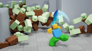 Artwork for the Roblox game Warrior Simulator, showing a player's character being surrounded by swarms of enemies.