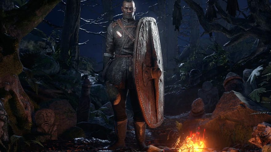 The Warrior stands by a fire in the Path of Exile 2 character select screen.