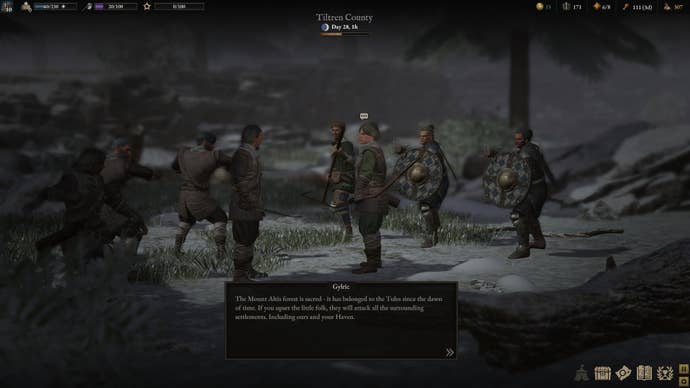 Two traveling groups meet on rocky ground, the text box describes a tense meeting in Wartales