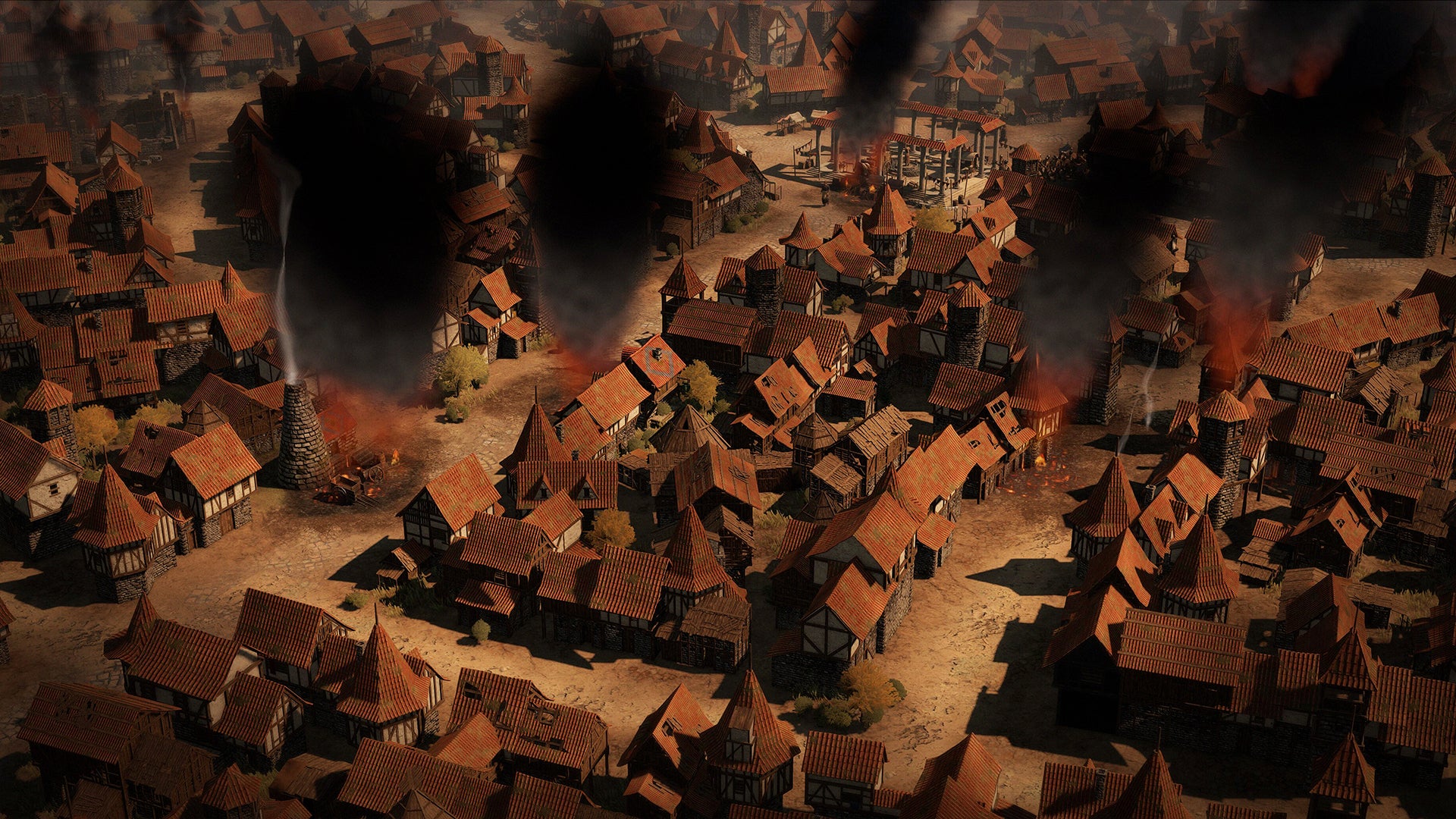 A burning medieval city in Wartales, viewed from on high