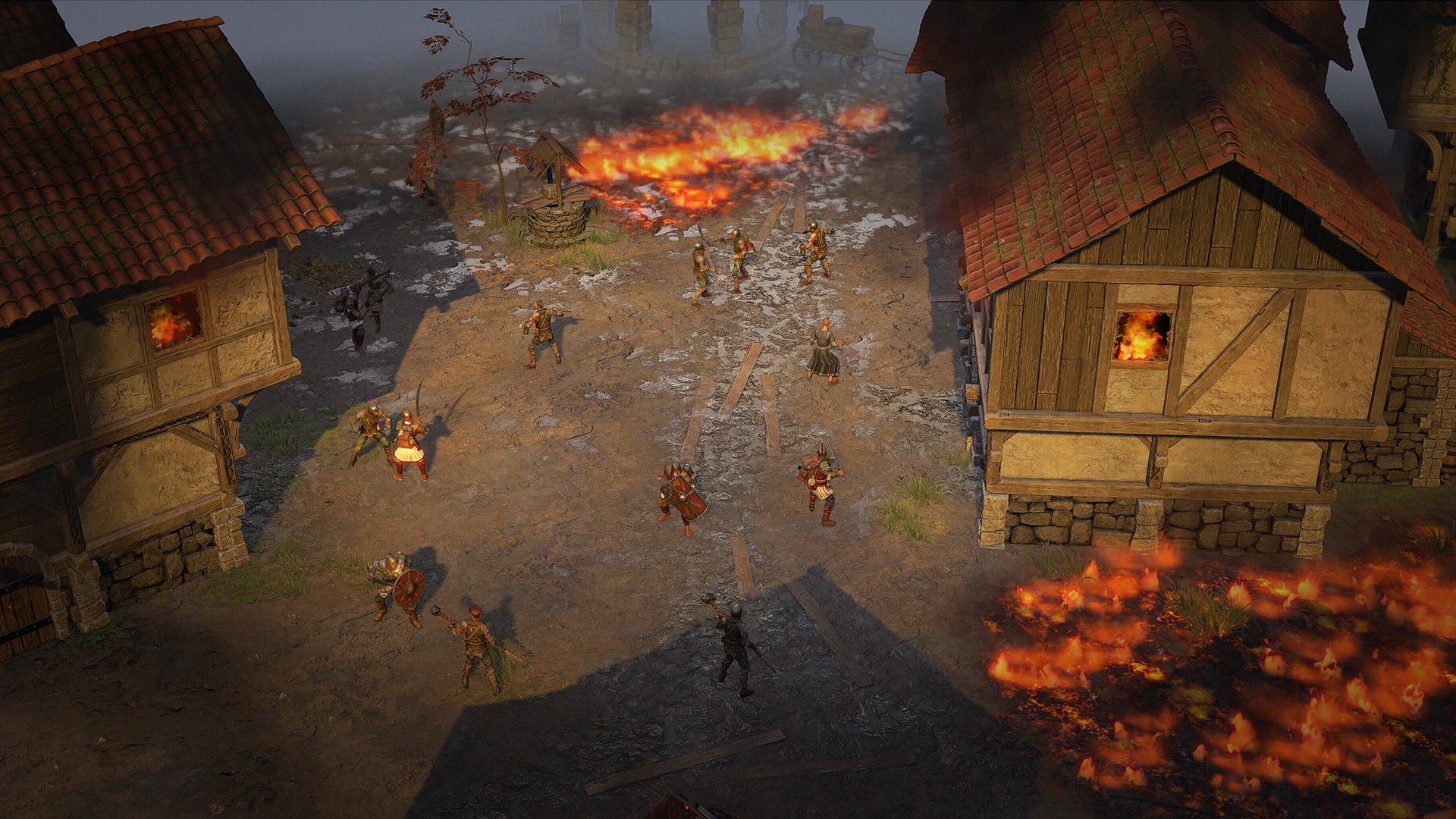 A street fight amid burning thatched houses in Wartales.