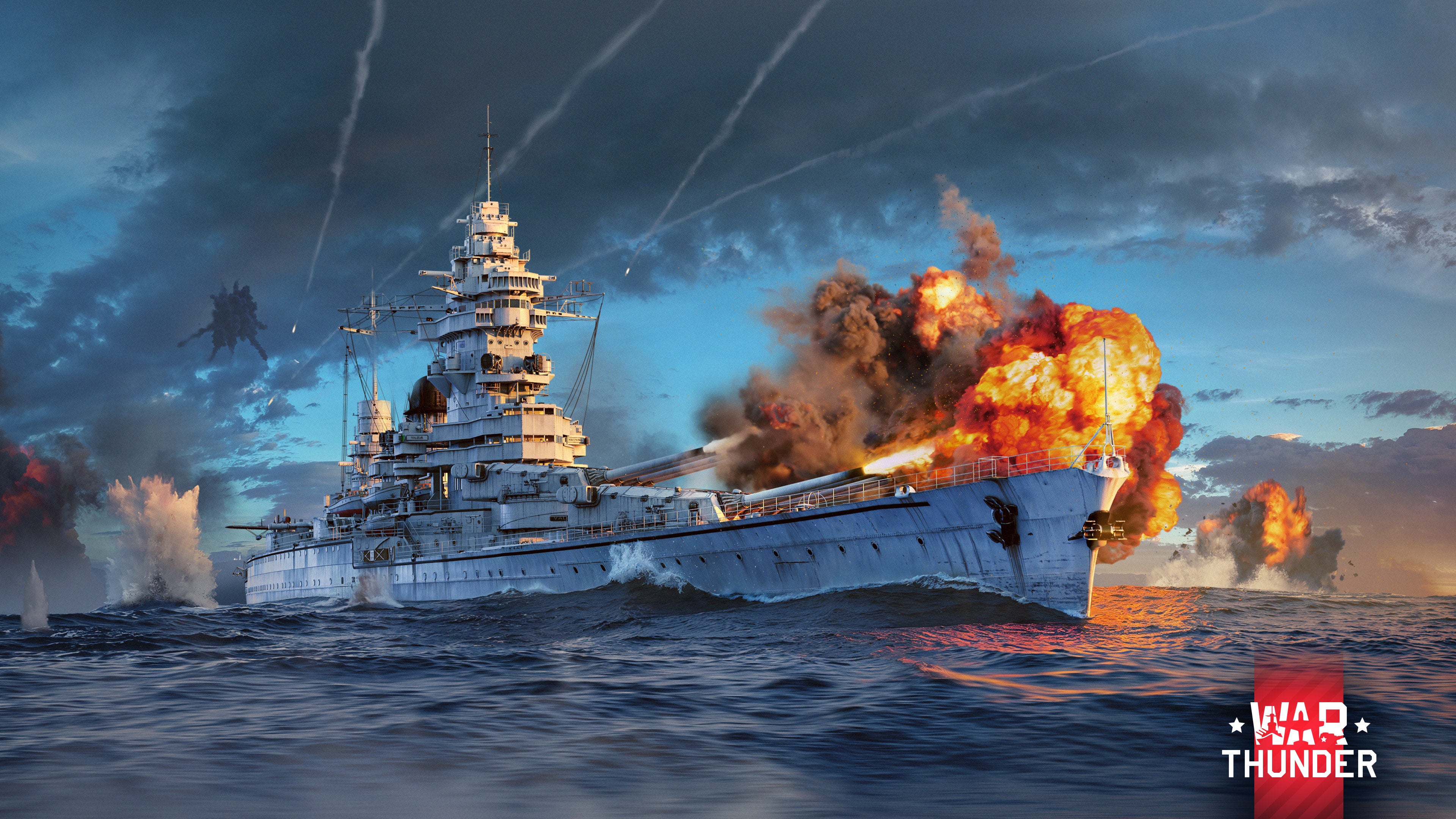 An artwork of a big modern warship surrounded by explosions and streaking missile trails in War Thunder.