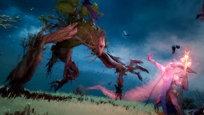 Wartorn screenshot showing a towering bipedal tree creature battling against a glowing pink demon.