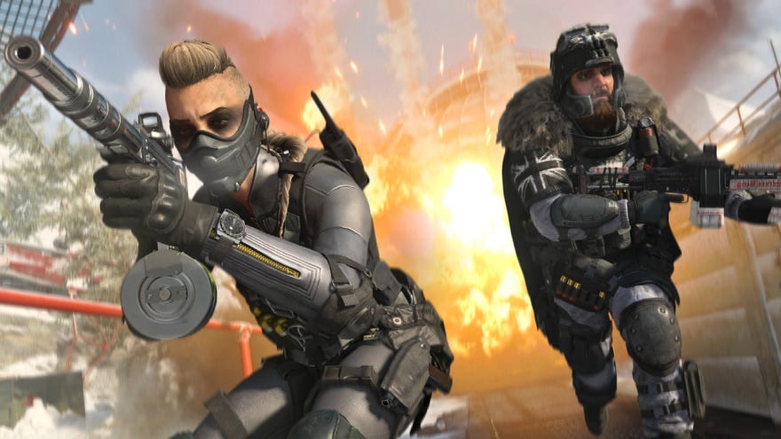 Two operators aim down sights, as they face away from an explosion behind them.