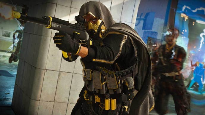 Warzone operator wields a gun, while a zombie approaches from behind.