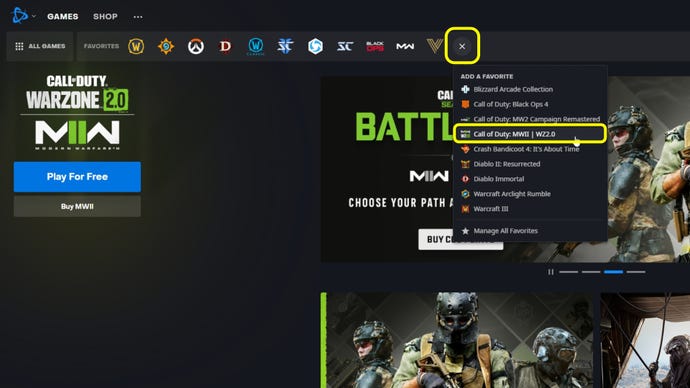 A screenshot of the Battle.NET launcher, with the Plus icon on the favourites bar expanded and Warzone 2 highlighted in the drop-down menu.