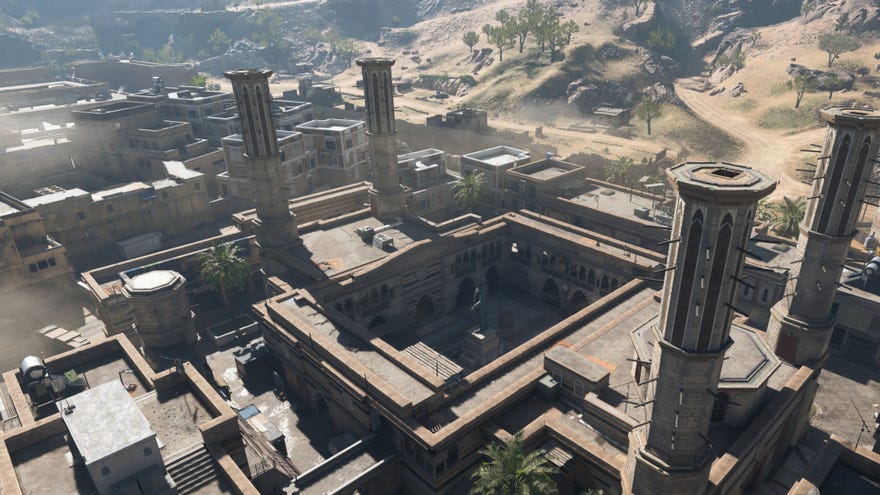 A bird’s eye view of a courtyard area in Al Mazrah, the Warzone 2.0 map.
