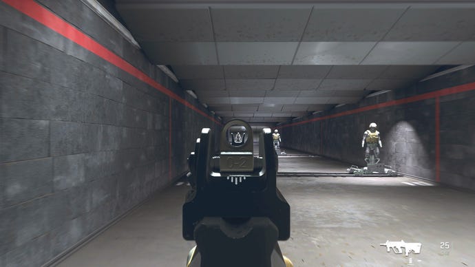 The player in Warzone 2.0 aims at a training dummy with the MX9 ironsights.