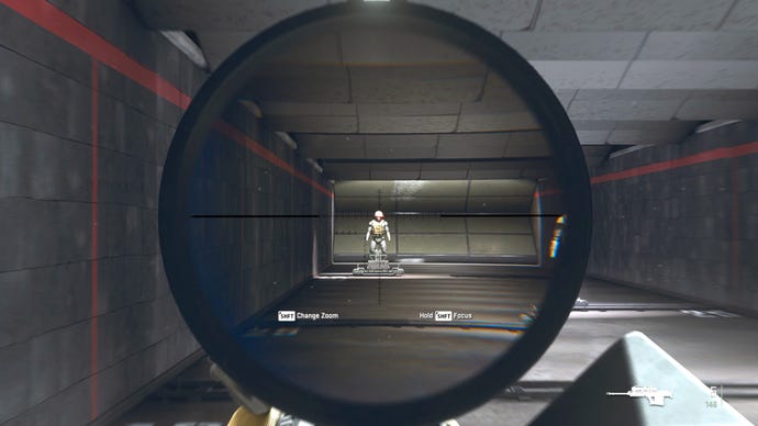 The player in Warzone 2.0 aims at a training dummy with the Signal 50 default scope.