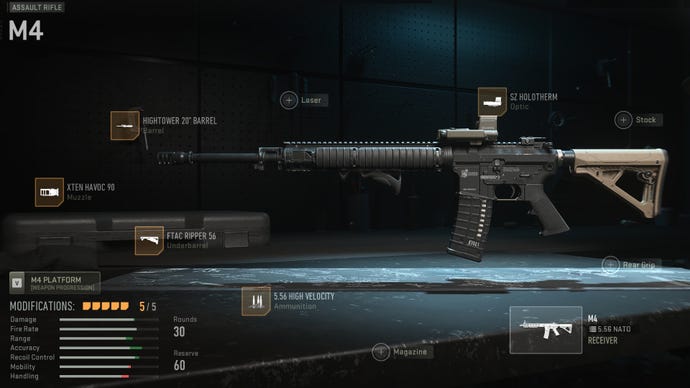The M4 in the Warzone 2 Gunsmith screen, with all the attachments in our best M4 loadout equipped.