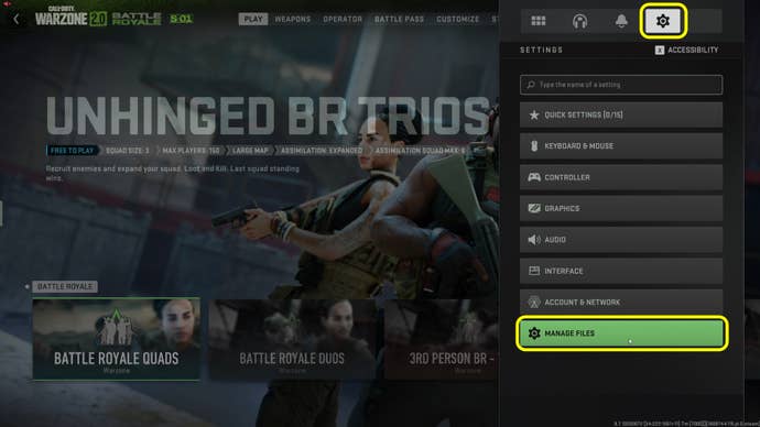 A screenshot of the main menu of Warzone 2 with the settings panel open on the right, and the bottom “Manage Files” option highlighted.