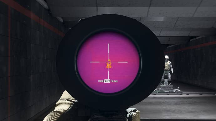 The player in Warzone 2.0 aims at a training dummy using the Drexsom Prime 90 optic attachment.