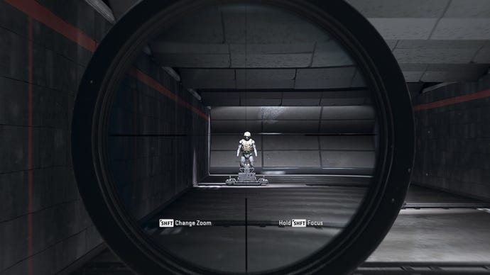 The player in Warzone 2.0 aims at a training dummy using the FTAC Locus SP optic attachment.