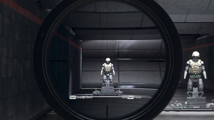 The player in Warzone 2.0 aims at a training dummy using the FTAC Locus SP optic attachment.