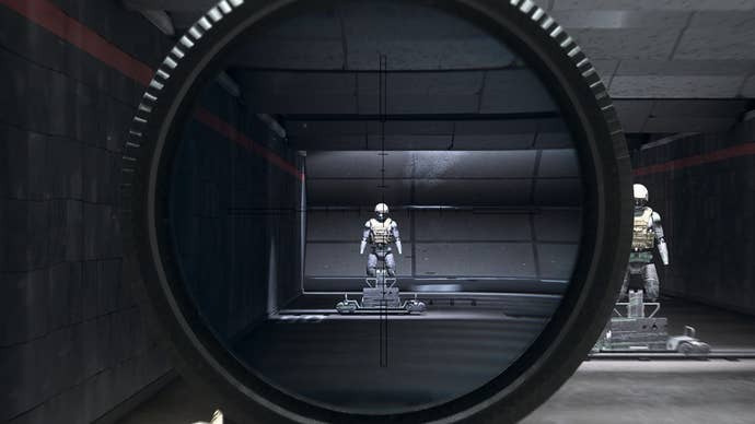 The player in Warzone 2.0 aims at a training dummy using the Lachmann Impact 9 optic attachment.