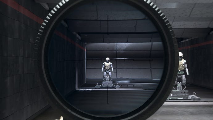 The player in Warzone 2.0 aims at a training dummy using the Lachmann Impact 9 optic attachment.