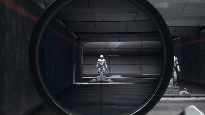 The player in Warzone 2.0 aims at a training dummy using the MCPR-300 9.5x optic attachment.
