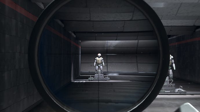 The player in Warzone 2.0 aims at a training dummy using the MCPR-300 9.5x optic attachment.