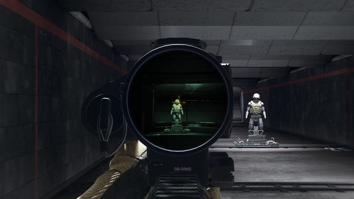 The player in Warzone 2.0 aims at a training dummy using the Schlager Night View optic attachment.