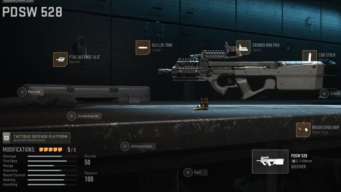 The PDSW 528 in the Warzone 2 Gunsmith screen, with all the attachments for the best loadout applied.