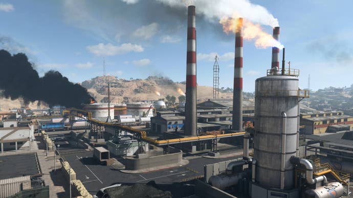 A bird’s eye view of a power plant area in Al Mazrah, the Warzone 2.0 map.