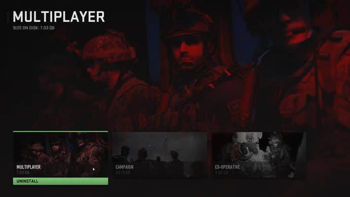 The uninstallation screen in-game in Warzone 2 where you can choose to uninstall certain aspects of Modern Warfare 2.