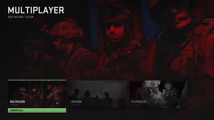 The uninstallation screen in-game in Warzone 2 where you can choose to uninstall certain aspects of Modern Warfare 2.