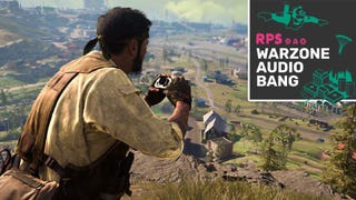 A screenshot of Woods staring out at 1980s Verdansk, binoculars in hand. Two players parachute into Airport in the distance. The Warzone Audio Bang podcast logo is in the top right.
