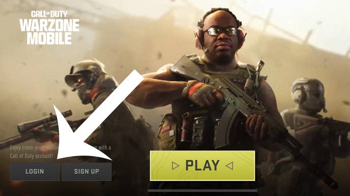 Arrow pointing at the button players need to press to activate cross-progression in Warzone Mobile.