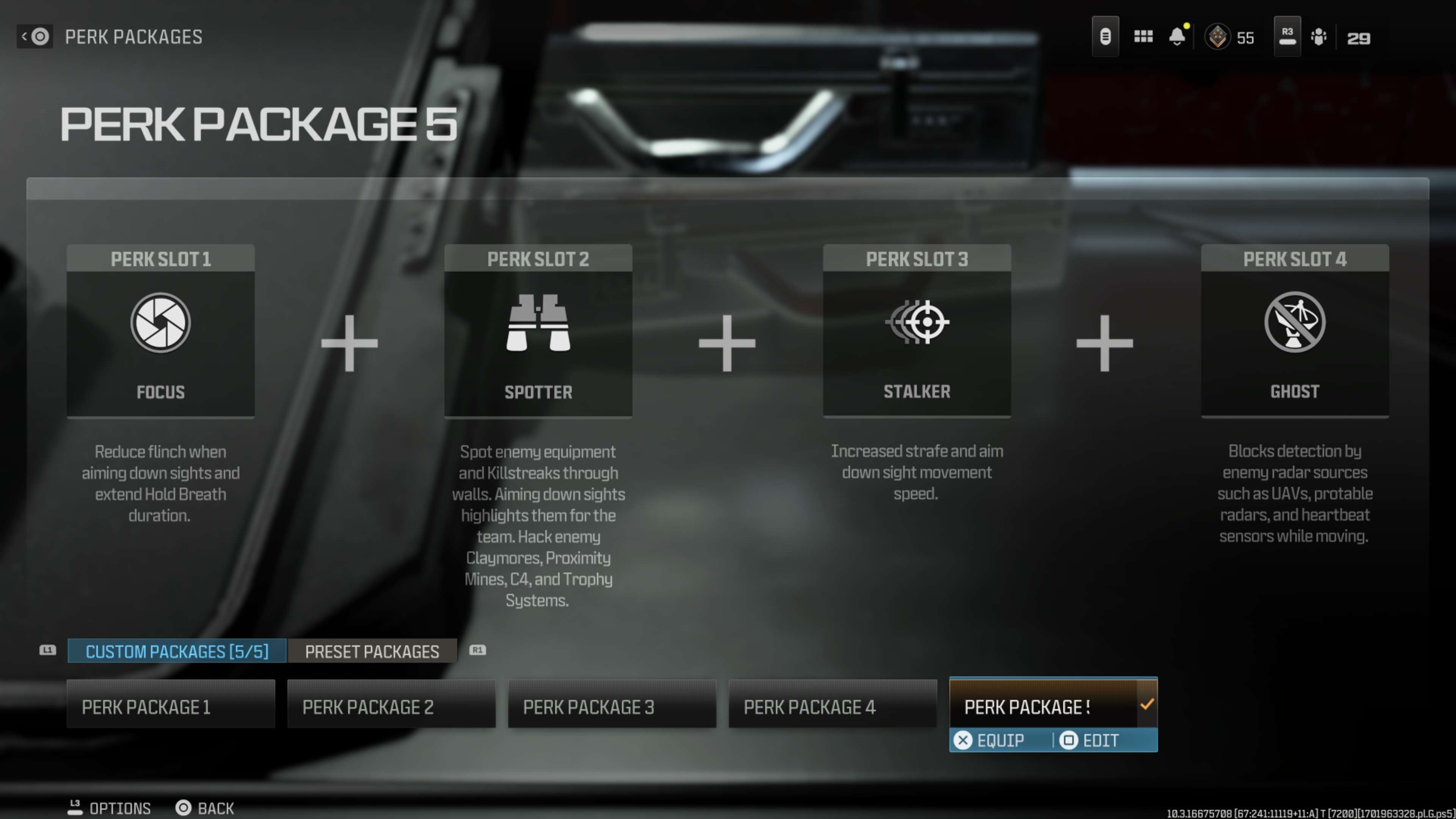 Perk Package 5 screen showing Focus, Spotter, Stalker and Ghost perks.