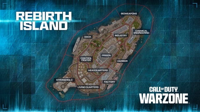 A map of Rebirth Island in Warzone and its various points of interests.