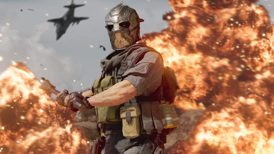An image from Warzone Season 4’s mid-season update which shows a masked operator wielding a mace as an explosion erupts behind them.