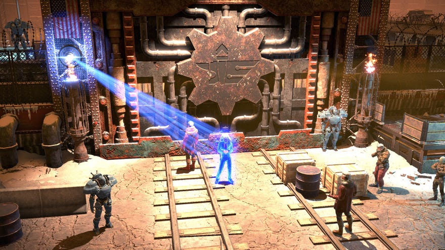 Wasteland 3 - Outside the Steeltown gate a holographic person stands surrounded by other characters.