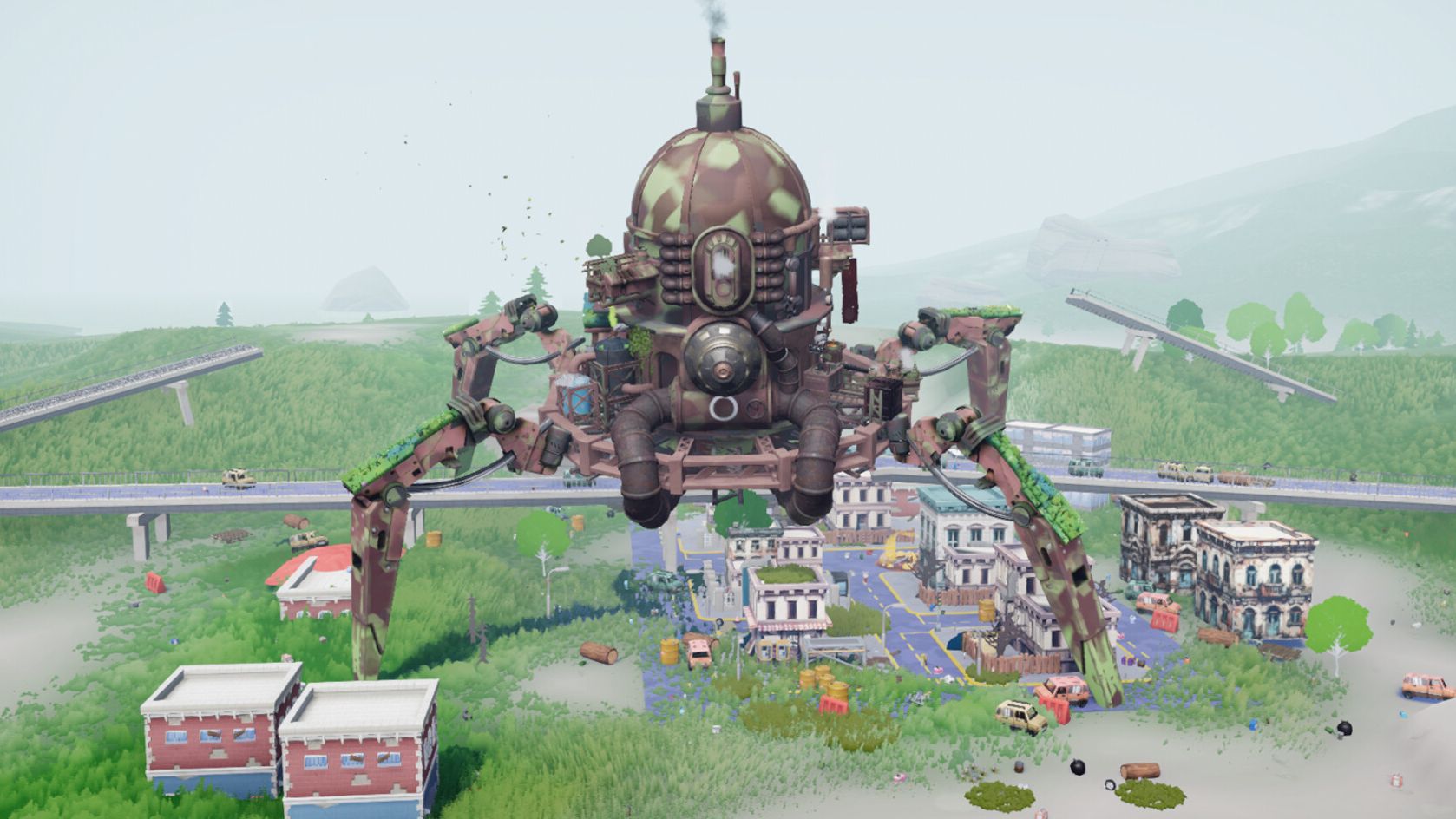 A giant metal fortress towers over a small town in the countryside on a misty day. - 1