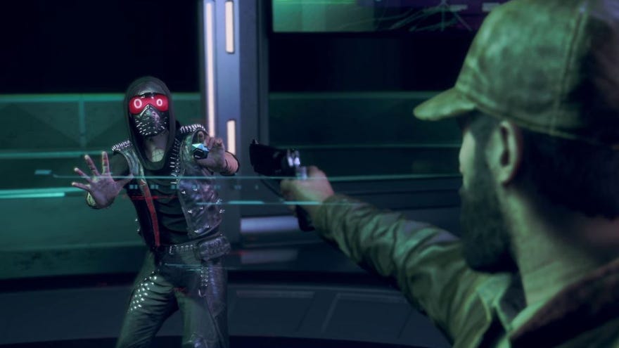 Aiden holds a gun to fire at a fleeing Wrench in Watch Dogs Legion Bloodline