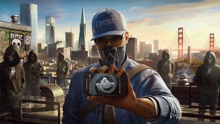 Watch Dogs 2 protagonist Marcus Holloway holds up his phone against a San Francisco backdrop.