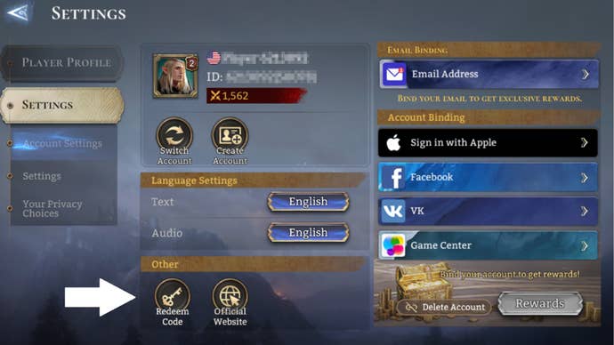 Arrow pointing at the button players need to press to redeem codes in Watcher of Realms.