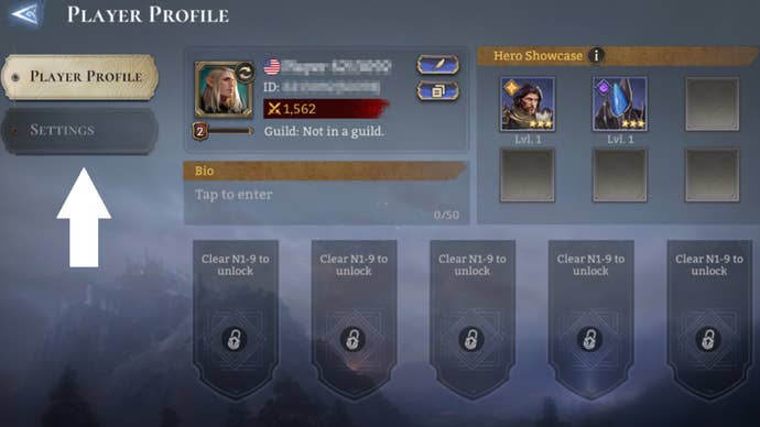 Arrow pointing at the settings button in Watcher of Realms.