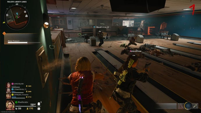 Turning the water pressure valve while teammates support my Operator at Fuller's Liberty Lanes bowling alley in Black Ops 6 Zombies.
