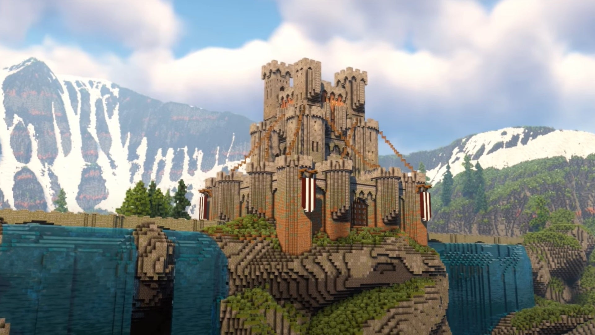 An epic medieval castle resting atop a waterfall in Minecraft. - 15