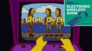 A game over screen for the browser game Kevin Costner's Waterworld, a fanwork version of the Simpsons joke arcade game. The EWS podcast logo is in the top right hand corner